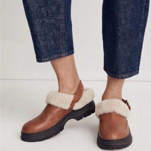 Madewell Sigrid Brown Leather Clogs with Faux Shearling Lining EUC